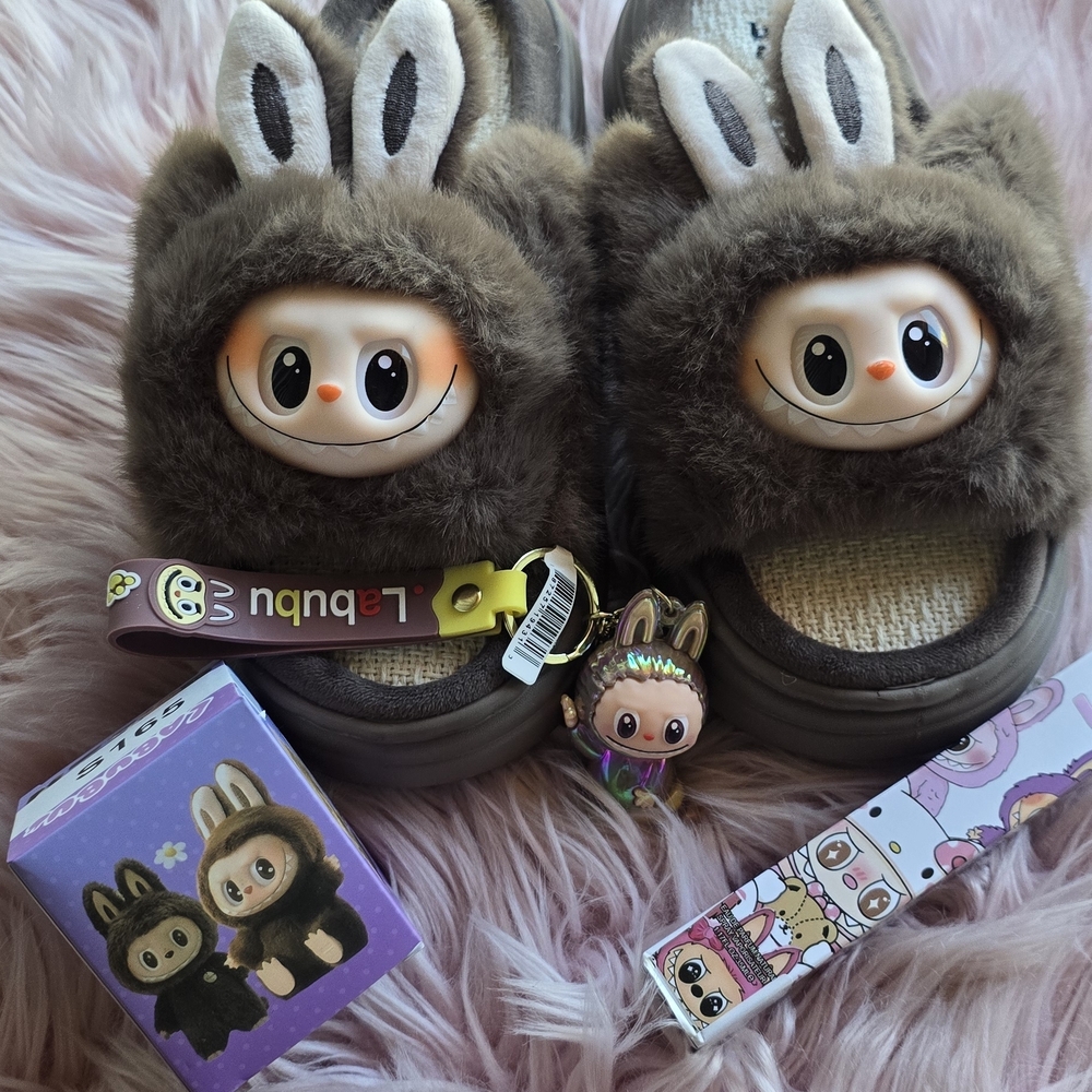 Brown Furry Bunny Slippers with Cute Faces